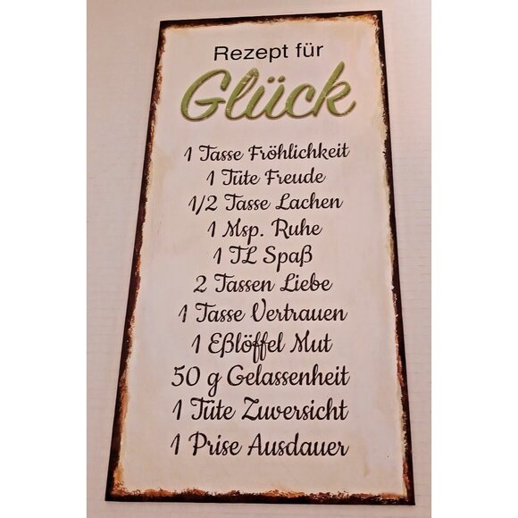 German "Rezept fur Gluck" Wood Sign Recipe for Happiness Funny Wall Hanging - Picture 6 of 6